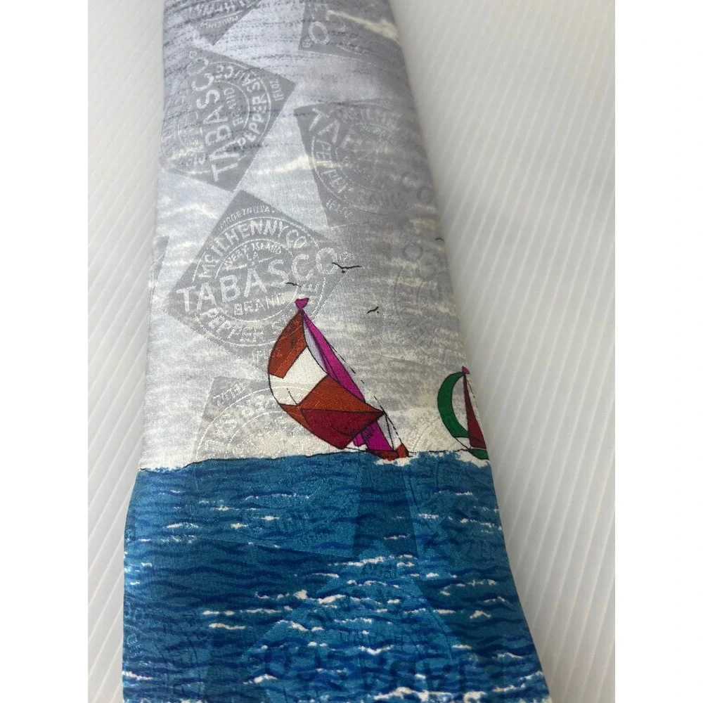 Tabasco Mens Silk Tie Beach Scene Sailboat Novelty Necktie Blue Grey Made in USA